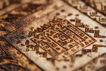 Naklejka premium Intricate patterns pyrographed into a warm-toned wooden surface with varied burn marks