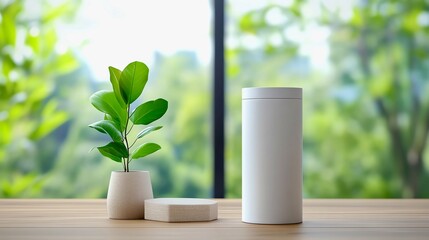 Minimalist white bottle and potted plant  