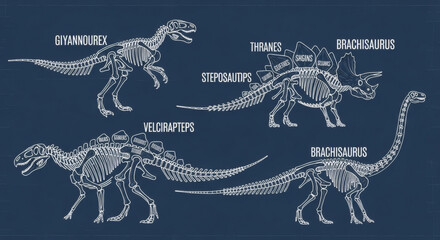 A detailed blueprint illustration featuring a collection of four different dinosaur skeletons, showcasing prehistoric animal anatomy.