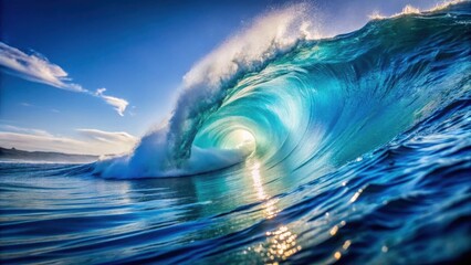 Fototapeta premium A Majestic Ocean Wave Curling, Sunlight Illuminating its Turquoise Interior, a Breathtaking Display of Nature's Power and Beauty