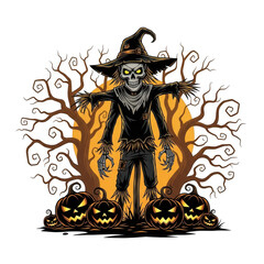  scary scarecrow with glowing pumpkins and bare trees on a moonlit night, a classic halloween scene isolated on transparent background