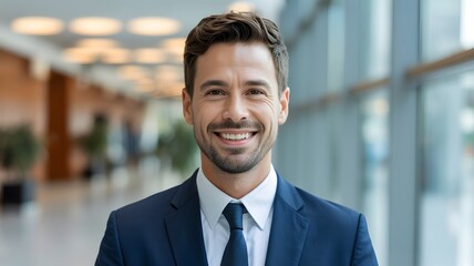 A confident businessman in a blue suit smiles warmly in a modern office setting