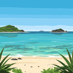 Fototapeta premium Beautiful Tropical Beach with Crystal Clear Turquoise Water, Sandy Shore, and Distant Islands Landscape