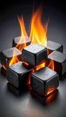 Burning black cubes on dark background