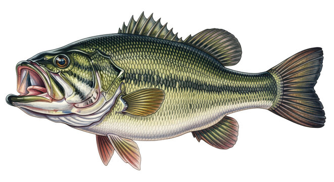 Detailed illustration of a largemouth bass fish with open mouth and sharp teeth swimming in freshwater isolated on transparent background
