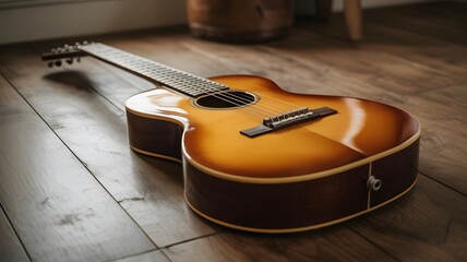 A beautifully crafted acoustic guitar resting on a wooden floor, bathed in warm, natural light