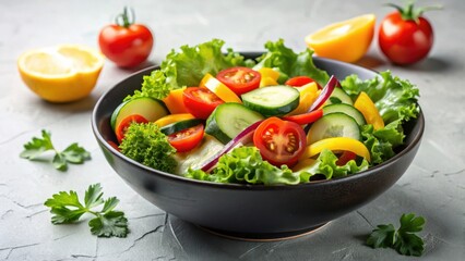 A vibrant and refreshing salad brimming with crisp cucumbers, juicy tomatoes, and sweet bell peppers, nestled in a bed of fresh lettuce, presented in a dark bowl on a textured surface