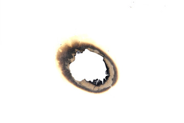 Realistic burned hole on transparent paper with scorched edges and smoke marks. Perfect for themes of fire, danger, damage, or aged effects in graphic design and digital projects.