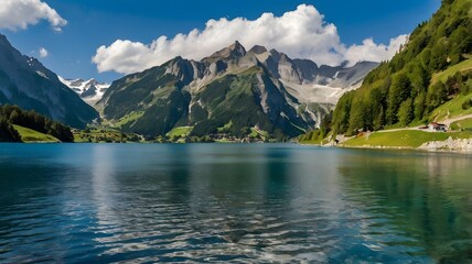 Fototapeta premium Panoramic View of a Crystal-Clear Alpine Lake in the Majestic Swiss Alps — Scenic Mountain Landscape, Tranquil Waters, Natural Beauty, and Breathtaking Horizon