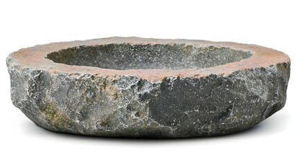 Circular, rustic stone bowl, uneven texture, shallow well