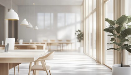 Fototapeta premium Blurred Photo Of Elegant Wooden Furniture In Bright Workspace With Large Windows In Modern Office Interior. Defocused Image Capture.