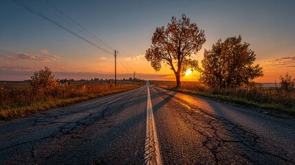 Sunset over a quiet country road with warm golden tones and long tree shadows.