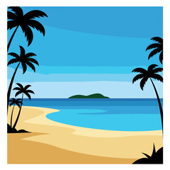 Tropical Beach Illustration with Palm Trees, Blue Ocean, and Distant Island
