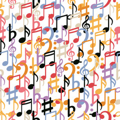 Seamless vector pattern with musical notes, symbols in pastel colors and black accents on white background, perfect textile print packaging music lovers creative decoration background harmony design