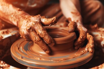 Hands shaping clay on pottery wheel during creative session in artisan studio