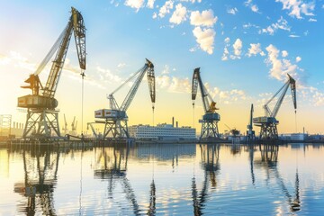Fototapeta premium Cranes standing by the dock reflect in the calm waters under a sunset sky in a busy harbor