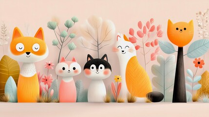 Obraz premium A dreamy nursery scene features adorable geometric creatures in a serene pastel wonderland of pink and turquoise. Its clean, minimalist, Scandinavian design sparks young imaginations. 