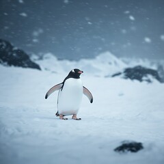 Obraz premium Penguin silhouette under bright cloudy antarctic sky high resolution picture