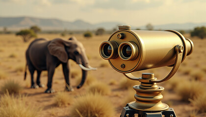 Golden binoculars focused on distant elephant in savanna landscape