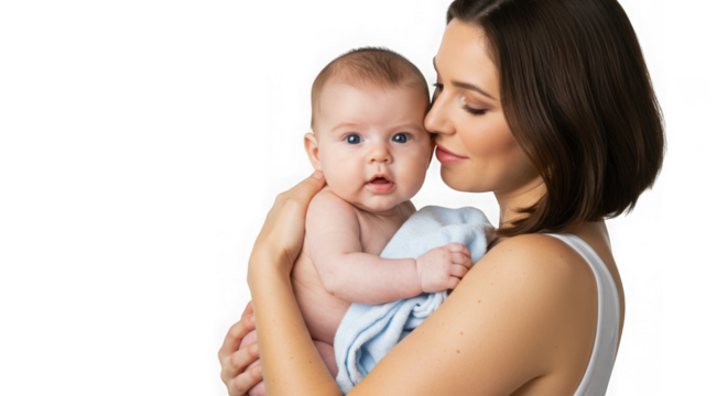 Loving mother gently holding her precious baby close with a tender expression isolated on transparent background