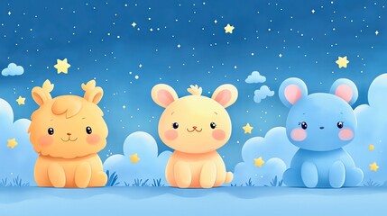 Naklejka premium Dreamy nursery scene: Gentle pastel animals in a landscape of soft shapes and floating elements. 