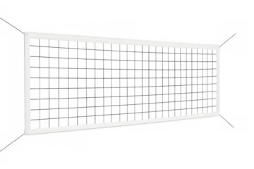 Volleyball net suspended midair, lightweight mesh fabric stretched taut against transparent backdrop