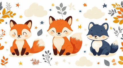 Dreamy nursery scene: Gentle pastel animals in a landscape of soft shapes and floating elements.