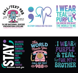 Mental Health and Suicide Prevention Clipart – 988 Hotline, Semicolon Symbol, Teal & Purple Support Graphics