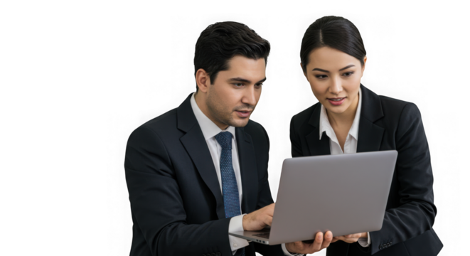 Two business professionals collaborating and looking intently at a laptop screen isolated on transparent background