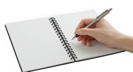 Hand holding a pen writing in an open spiral bound notebook isolated on transparent background