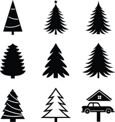 Fototapeta premium Christmas, tree, icon, set, pine, fir, silhouette, vector, black, isolated, illustration, design, winter, forest, holiday, symbol