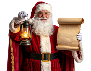 Elegant Vintage Santa Claus Holding Lantern and Scroll, Old-Fashioned Style, isolated PNG
