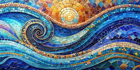 Abstract Mosaic Tile Art Serene Blue Waves and Sunburst Design