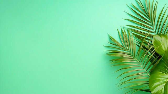 Palm branches on green background, space for text/image. 
