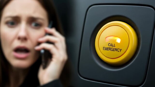 Stressed woman talks on phone while "call emergency" button glows. Urgent call for assistance and vehicle safety concept.