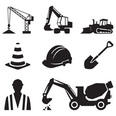 Vector art of a construction icon set showcasing a crane, excavators, bulldozer, traffic cone, hard hat, and worker