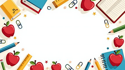 Back to school concept background with colorful supplies like books, pencils and apples creating a circular frame for text.