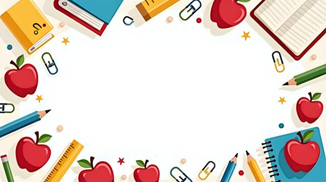 Back to school concept background with colorful supplies like books, pencils and apples creating a circular frame for text.