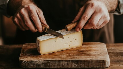 Handcrafted and Organic Concept. Hands Holding Knife Cutting Cheese Block on Wooden Board in Rustic Kitchen Setting