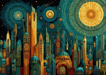 Obraz premium city skyline with stylized buildings and glowing national motifs