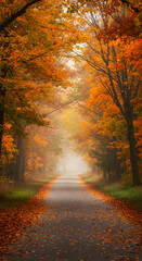Obraz premium Scenic Autumn Road Through Golden Forest with Vibrant Fall Foliage and Misty Background