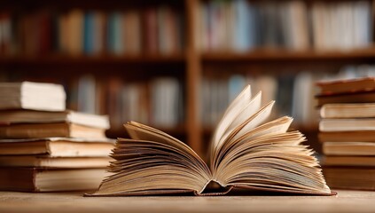 Fototapeta premium Open Book with Stacked Volumes on Blurred Library Background – Symbol of Wisdom and Education