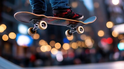 Skateboarder in Mid-Air Over City Lights at Night