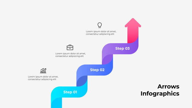 Infographic design displaying a gradient arrow with three steps for planning or workflow representation. Perfect visual for presentations, and illustrating key steps or progress paths