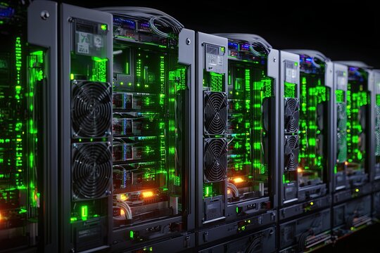 Row of deep learning GPU servers displaying vibrant LED lights at a modern data center - Powered by Adobe