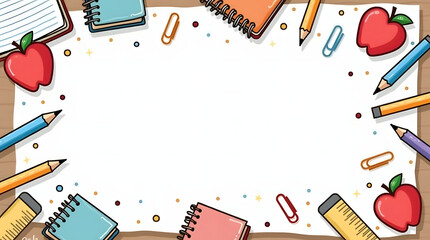 A vibrant cartoon illustration featuring a border of school supplies like pencils, notebooks, and apples on a wooden background, with ample copy space for educational text.