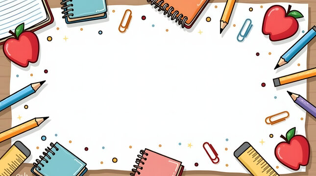 A vibrant cartoon illustration featuring a border of school supplies like pencils, notebooks, and apples on a wooden background, with ample copy space for educational text.