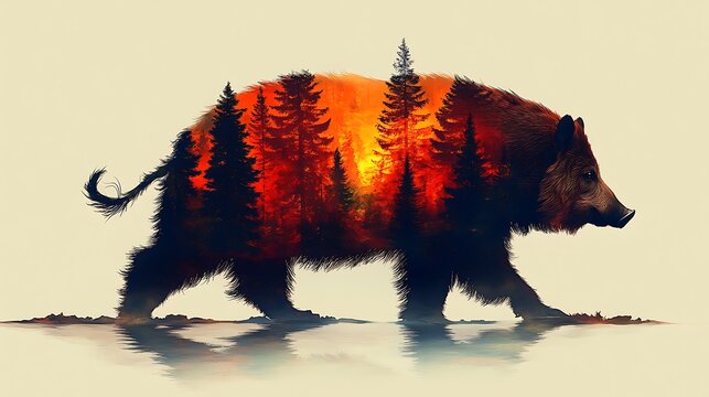 Wild boar walking through a burning forest. - Powered by Adobe