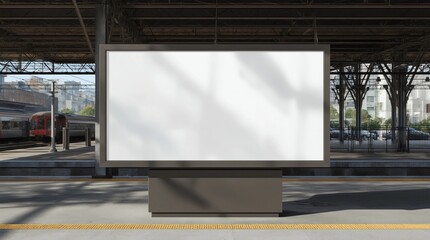 Blank billboard poster stand mock up on platform of raillway station 