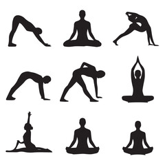 Fototapeta premium Vector art of a diverse set of yoga poses shown as black silhouettes against a clean white background, demonstrating various postures for flexibility and mindfulness